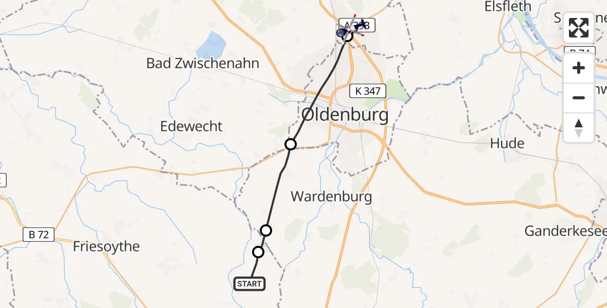 Flugroute Polizeihubschrauber Garrel - Oldenburg Police Hubschrauberlandeplatz, 29 August 2026, 07:01