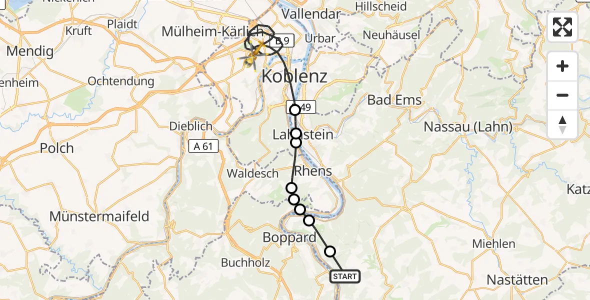 Flugroute Rettungshubschrauber Lykershausen - Koblenz, 29 August 2026, 07:02