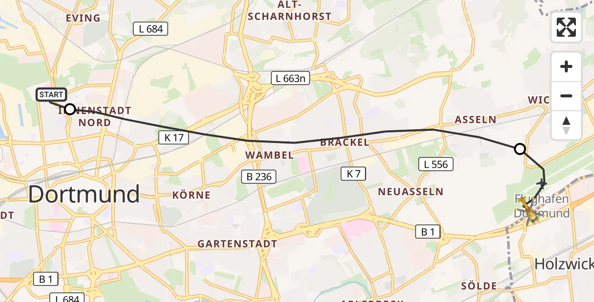 Flugroute Rettungshubschrauber Dortmund Hospital North - Dortmund Flughafen, 29 August 2026, 07:03