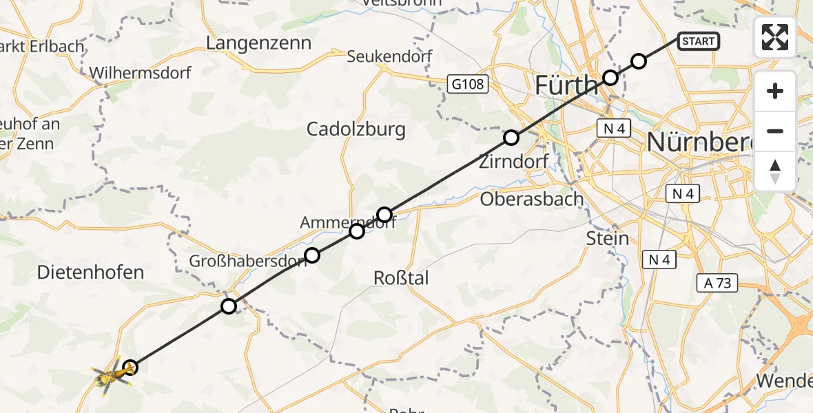 Flugroute Ambulanzhubschrauber Flughafen Nuremberg - Bruckberg, 29 August 2026, 07:05
