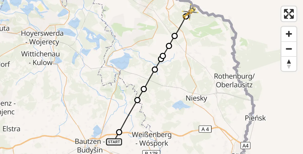 Flugroute Rettungshubschrauber Bautzen Flugplatz - Krauschwitz i.d.O.L., 29 August 2026, 07:09