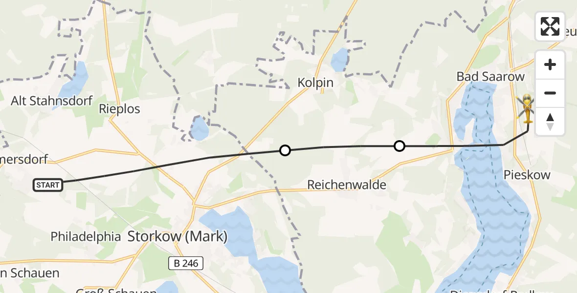 Flugroute Rettungshubschrauber Storkow (Mark) - Bad Saarow, 29 August 2026, 07:15