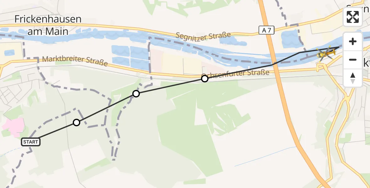 Flugroute Rettungshubschrauber Ochsenfurt Hospital - Marktbreit, 29 August 2026, 07:29