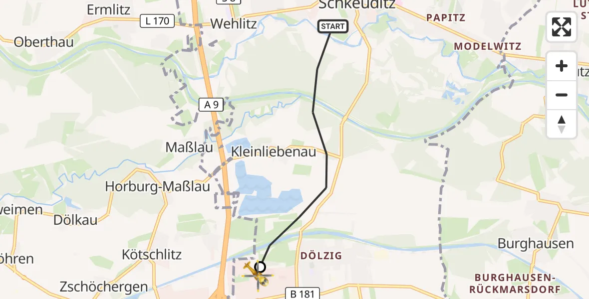 Flugroute Rettungshubschrauber Schkeuditz - ADAC Air Rescue Station Leipzig/Schkeuditz-Dölzig Hubschrauberlandeplatz (Christoph 61), 29 August 2026, 07:29