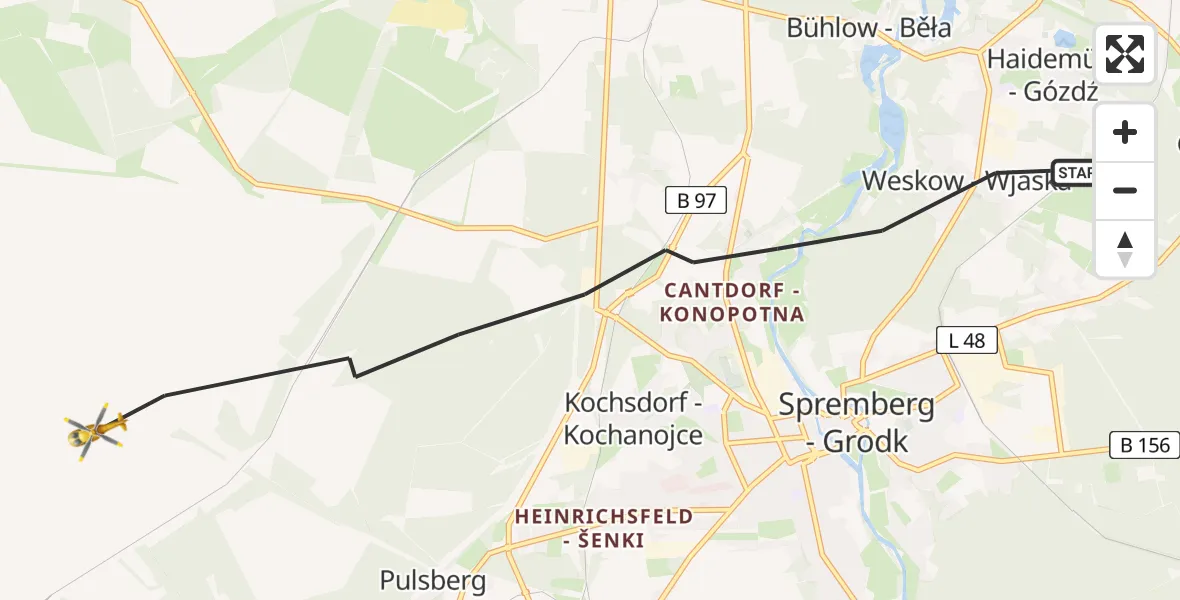 Flugroute Rettungshubschrauber Spremberg - Welzow, 29 August 2026, 07:40