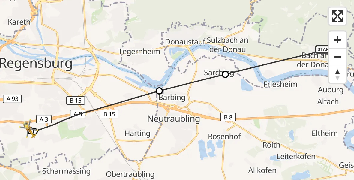 Flugroute Rettungshubschrauber Bach a.d.Donau - DRF Air Rescue Station Regensburg / Regensburg University Hospital, 29 August 2026, 07:45