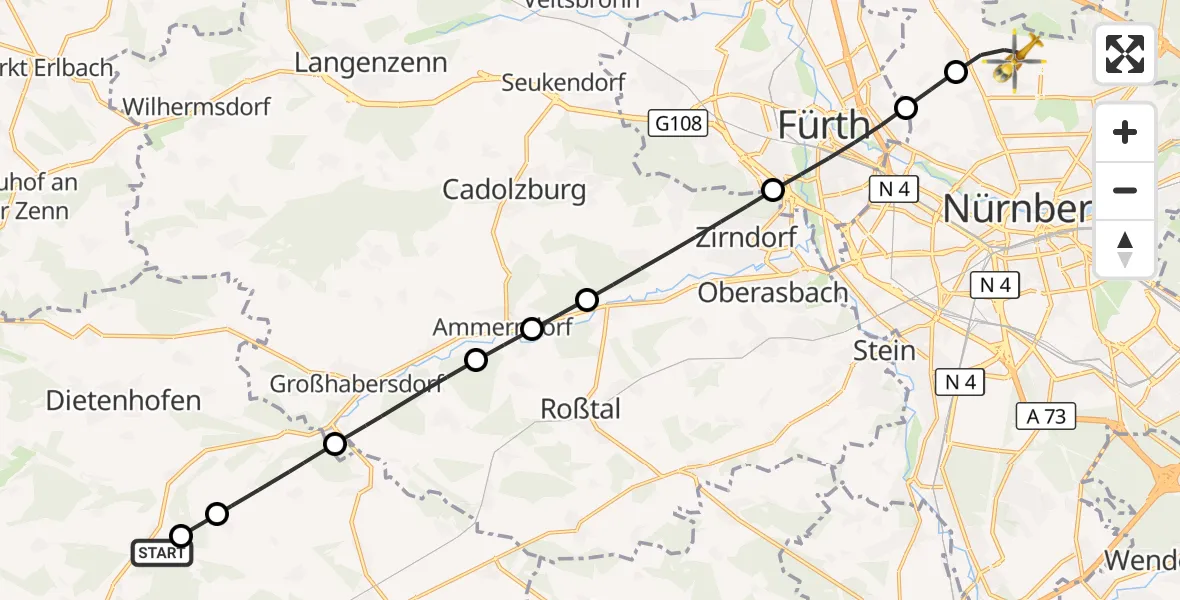 Flugroute Ambulanzhubschrauber Bruckberg - Flughafen Nuremberg, 29 August 2026, 07:53