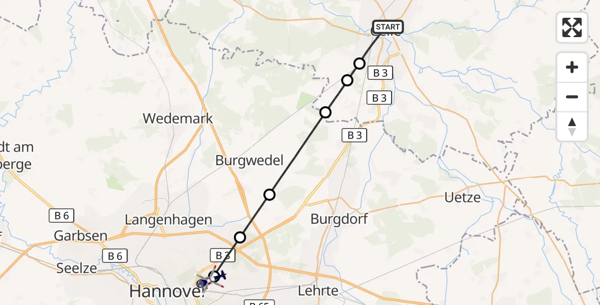 Flugroute Polizeihubschrauber Celle - Hannover Luftrettung Hubschrauberlandeplatz (Christoph 4), 29 August 2026, 08:01