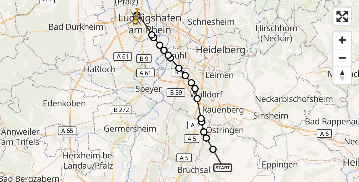 Flugroute Ambulanzhubschrauber Kraichtal - Ludwigshafen Accident Hospital, 29 August 2026, 08:11