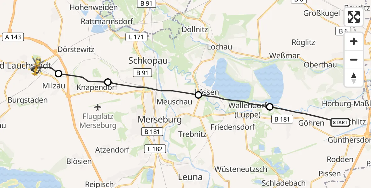 Flugroute Rettungshubschrauber Leuna - Bad Lauchstädt, 29 August 2026, 08:12
