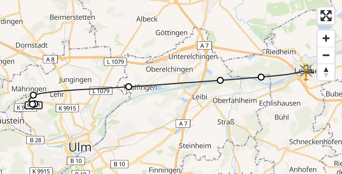 Flugroute Rettungshubschrauber Ulm Military Hospital Emergency - Leipheim, 29 August 2026, 08:30