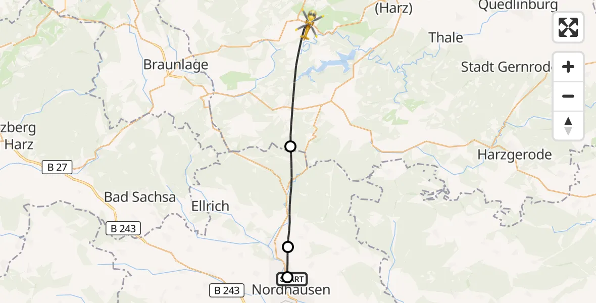 Flugroute Rettungshubschrauber Südharz Hospital Nordhausen - Oberharz am Brocken, 29 August 2026, 08:38