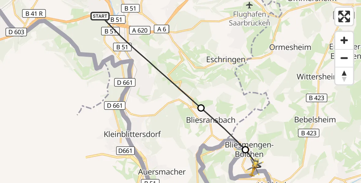 Flugroute Rettungshubschrauber Saarbrücken - Mandelbachtal, 29 August 2026, 08:39