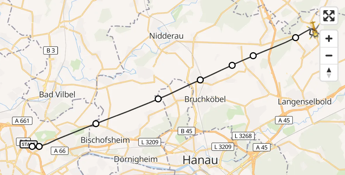 Flugroute Rettungshubschrauber Frankfurt am Main Accident Hospital Roof Helipad (CHX2) - Ronneburg, 29 August 2026, 08:45