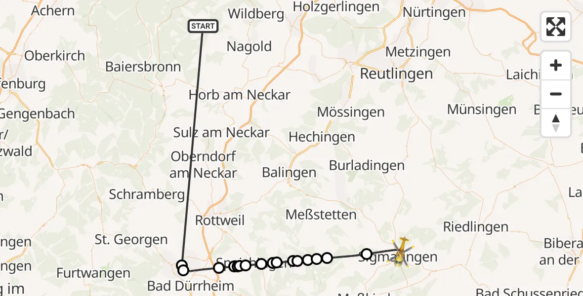 Flugroute Ambulanzhubschrauber Altensteig - Sigmaringen, 29 August 2026, 08:47