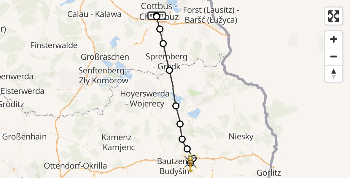 Flugroute Rettungshubschrauber Carl Thien Hospital Cottbus - Bautzen Flugplatz, 29 August 2026, 08:49