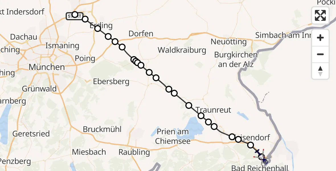 Flugroute Polizeihubschrauber Hallbergmoos - Piding, 29 August 2026, 09:04
