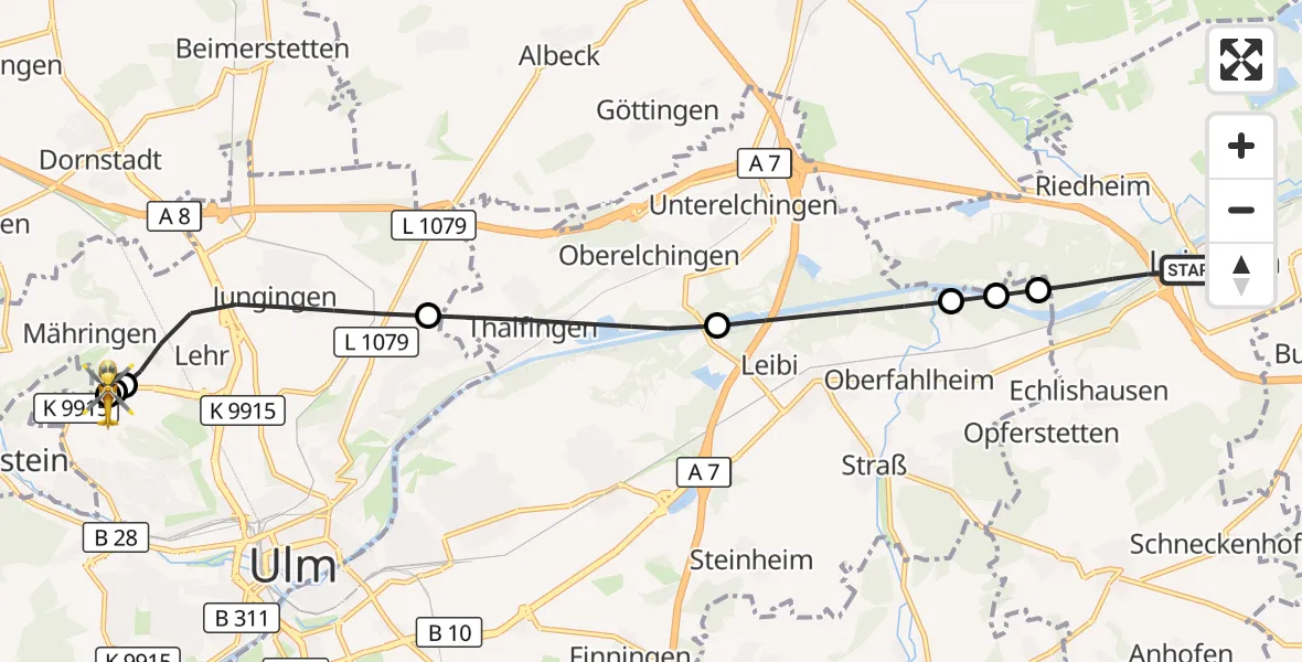 Flugroute Rettungshubschrauber Leipheim - ADAC Air Rescue Station Ulm (Christoph 22), 29 August 2026, 09:09