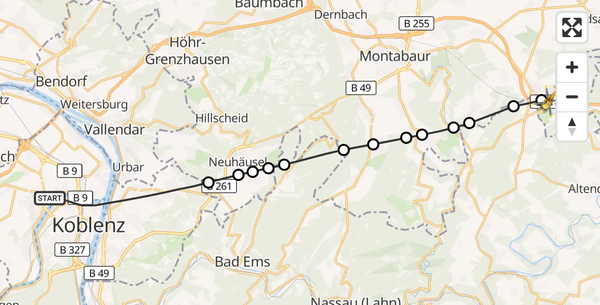 Flugroute Rettungshubschrauber Koblenz - Görgeshausen, 29 August 2026, 09:15