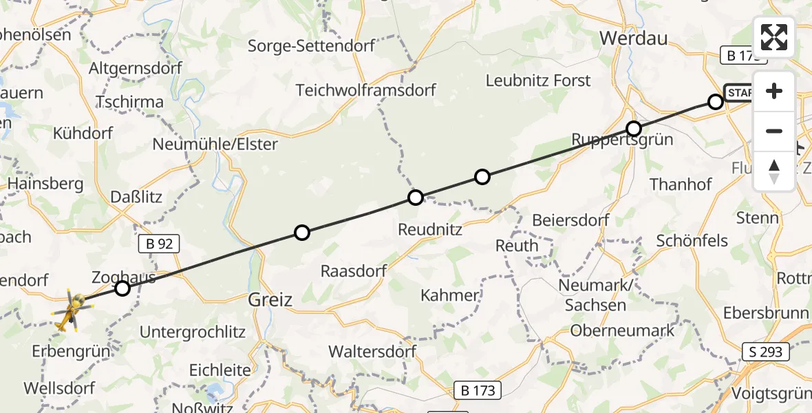 Flugroute Rettungshubschrauber ADAC Air Rescue Station Zwickau Hubschrauberlandeplatz - Langenwetzendorf, 29 August 2026, 09:16