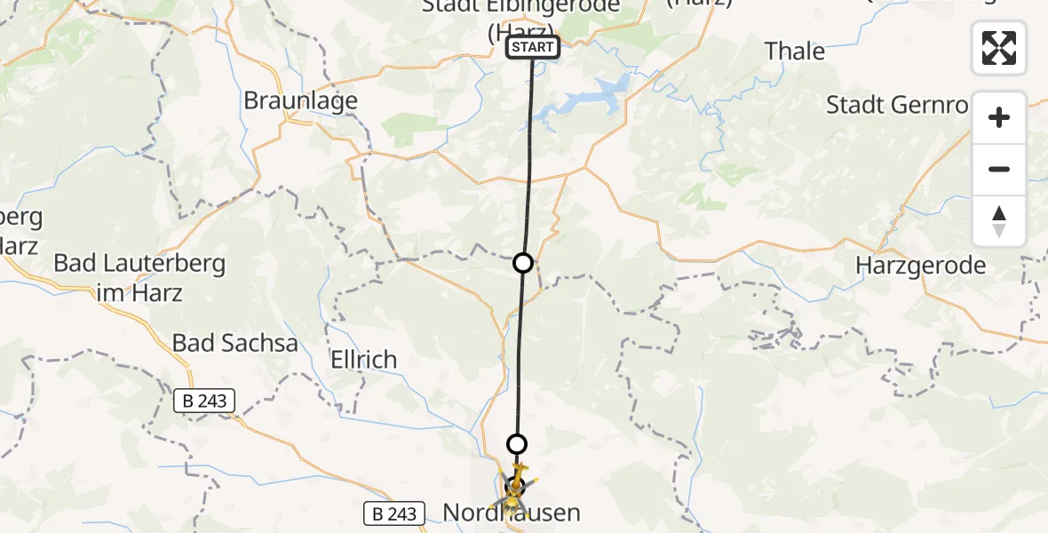 Flugroute Rettungshubschrauber Oberharz am Brocken - Südharz Hospital Nordhausen, 29 August 2026, 09:32