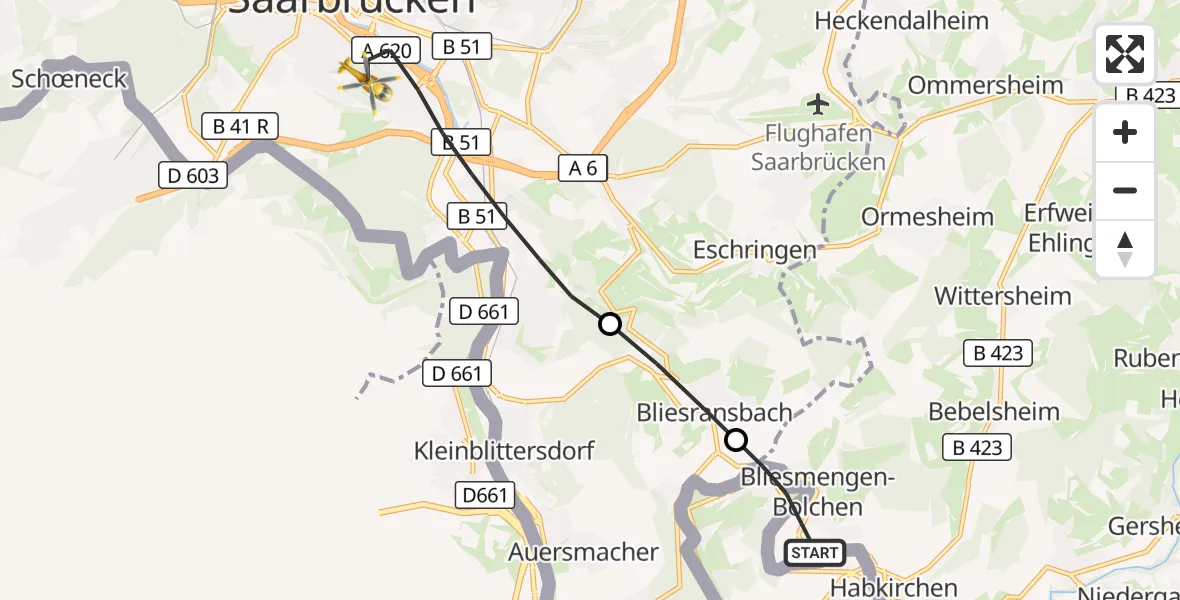 Flugroute Rettungshubschrauber Mandelbachtal - Saarbrücken, 29 August 2026, 09:38