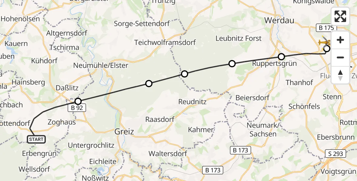 Flugroute Rettungshubschrauber Langenwetzendorf - ADAC Air Rescue Station Zwickau Hubschrauberlandeplatz, 29 August 2026, 09:48
