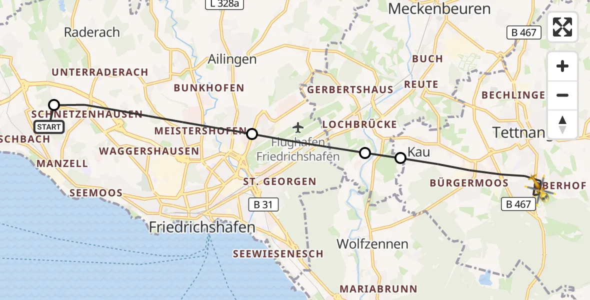 Flugroute Rettungshubschrauber Friedrichshafen Hospital - Tettnang, 29 August 2026, 09:53