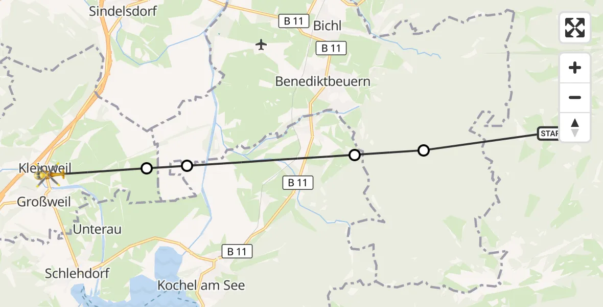 Flugroute Rettungshubschrauber Wackersberg - Großweil, 29 August 2026, 09:54