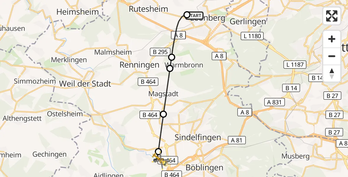 Flugroute Rettungshubschrauber Leonberg Hospital - Böblingen, 29 August 2026, 10:05