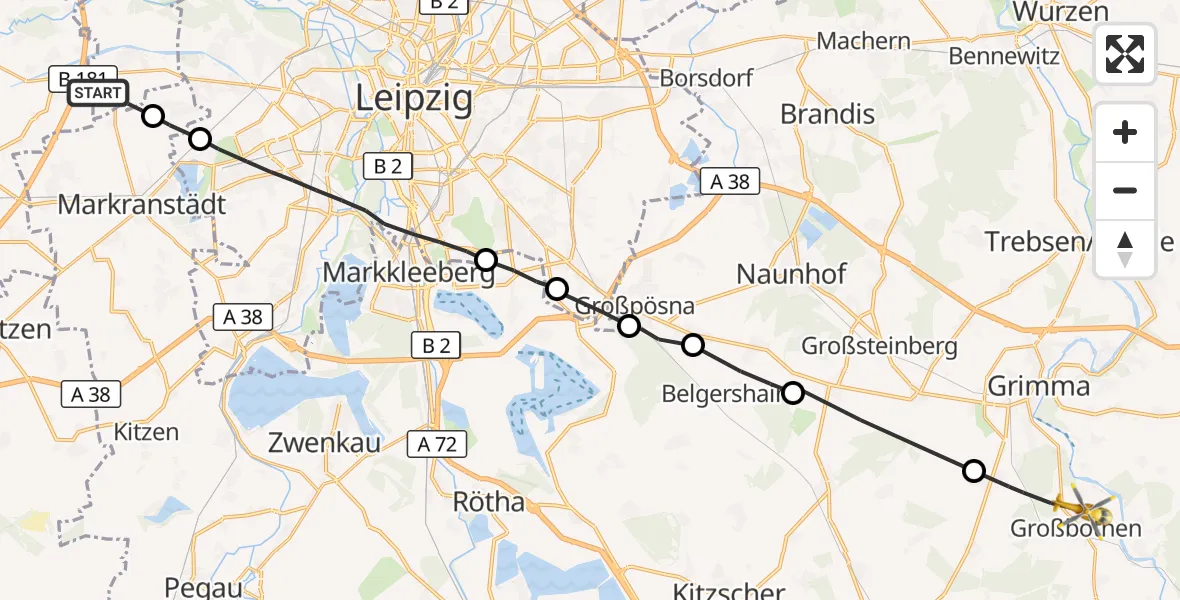 Flugroute Rettungshubschrauber Schkeuditz - Grimma, 29 August 2026, 10:05