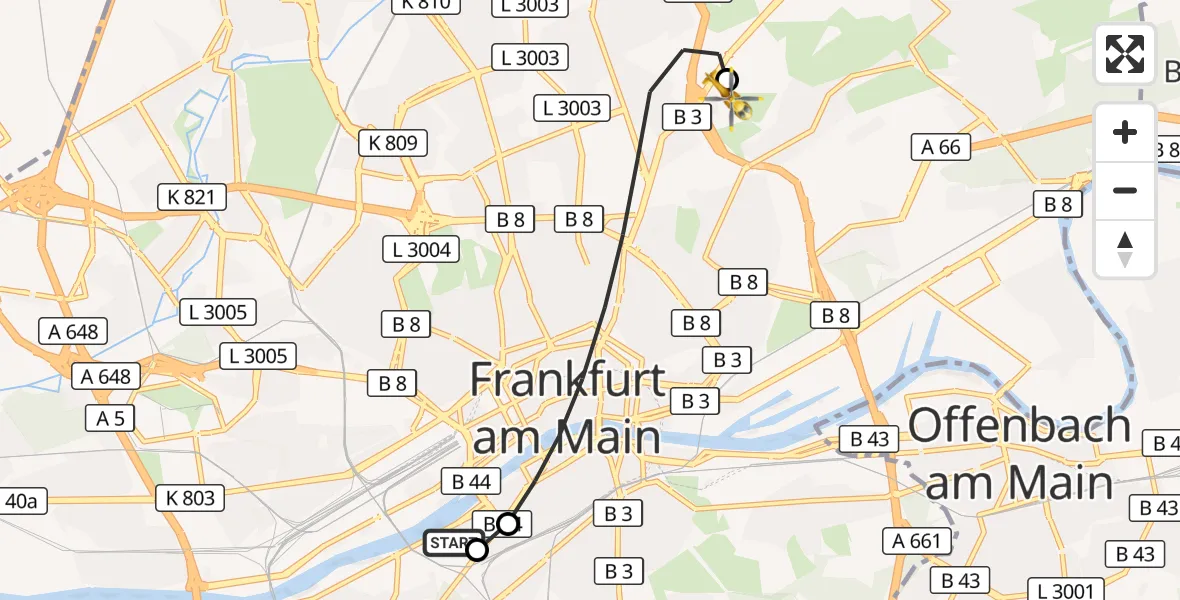 Flugroute Rettungshubschrauber Frankfurt University Hospital - Frankfurt am Main Accident Hospital Roof Helipad (CHX2), 29 August 2026, 10:09