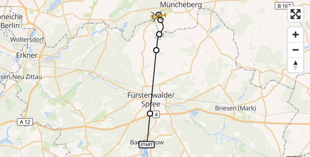 Flugroute Rettungshubschrauber Bad Saarow - Müncheberg-Eggersdorf Flugplatz, 29 August 2026, 10:11