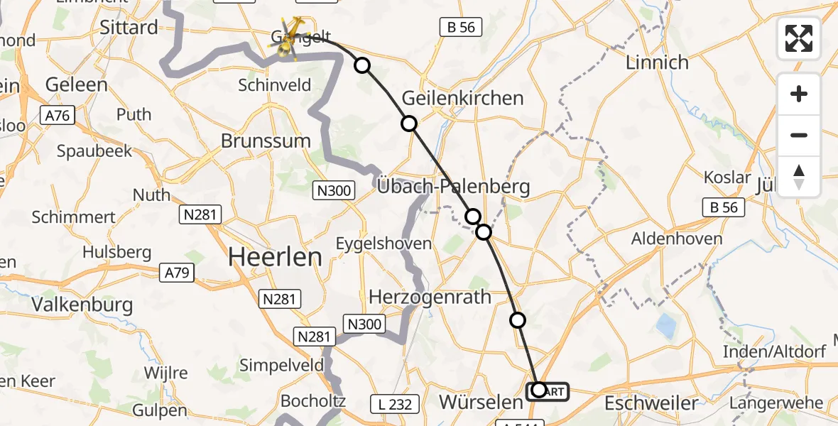 Flugroute Rettungshubschrauber Aachen-Merzbrück Flughafen - Gangelt, 29 August 2026, 10:17