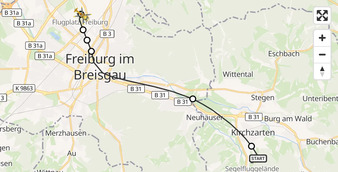 Flugroute Ambulanzhubschrauber Kirchzarten Flugplatz - Freiburg im Breisgau Flugplatz, 29 August 2026, 10:18