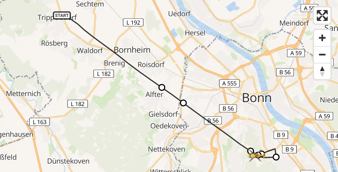 Flugroute Rettungshubschrauber Bornheim - Bonn University Hospital, 29 August 2026, 10:19