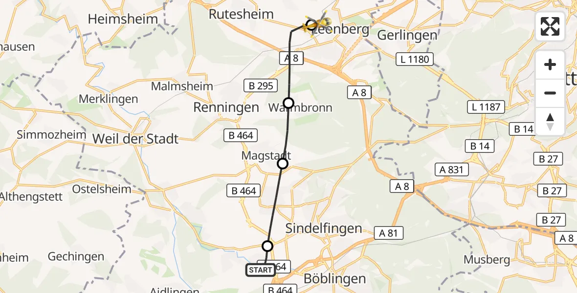 Flugroute Rettungshubschrauber Böblingen - Leonberg Hospital, 29 August 2026, 10:20