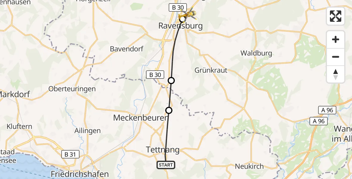 Flugroute Rettungshubschrauber Tettnang - Sankt Elisabeth Hospital Hubschrauberlandeplatz, 29 August 2026, 10:26