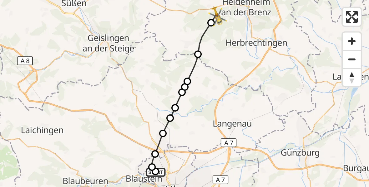 Flugroute Rettungshubschrauber Ulm Military Hospital Emergency - Steinheim am Albuch, 29 August 2026, 10:26