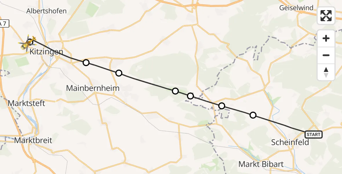 Flugroute Rettungshubschrauber Scheinfeld - Kitzingen Hospital, 29 August 2026, 10:27