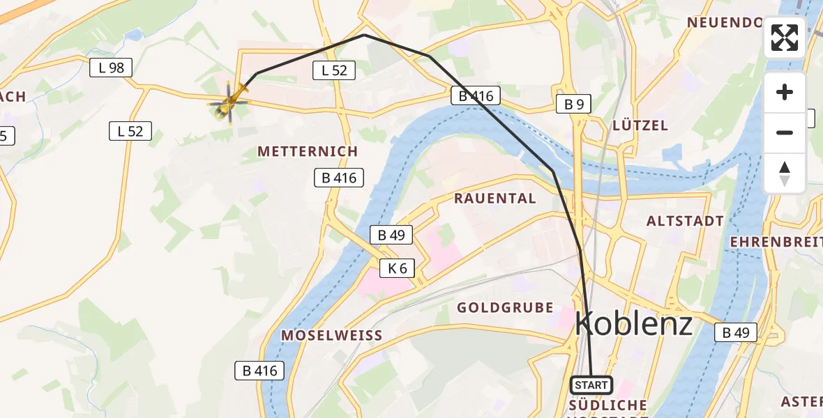 Flugroute Rettungshubschrauber Koblenz - Koblenz, 29 August 2026, 10:32