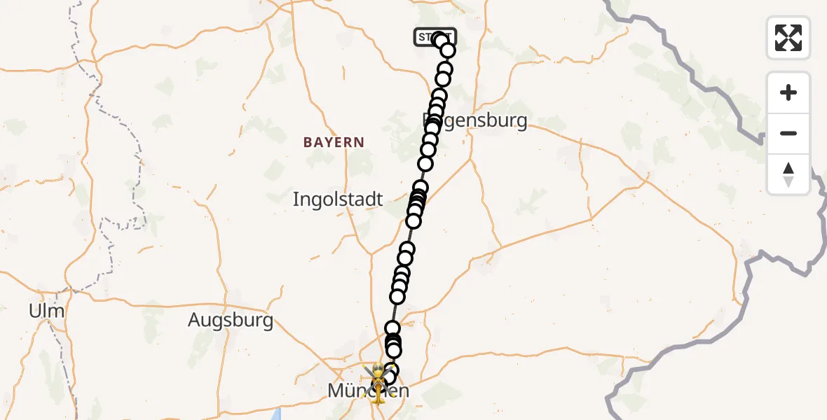 Flugroute Rettungshubschrauber Schmidmühlen - München Bogenhausen Hospital, 29 August 2026, 10:32
