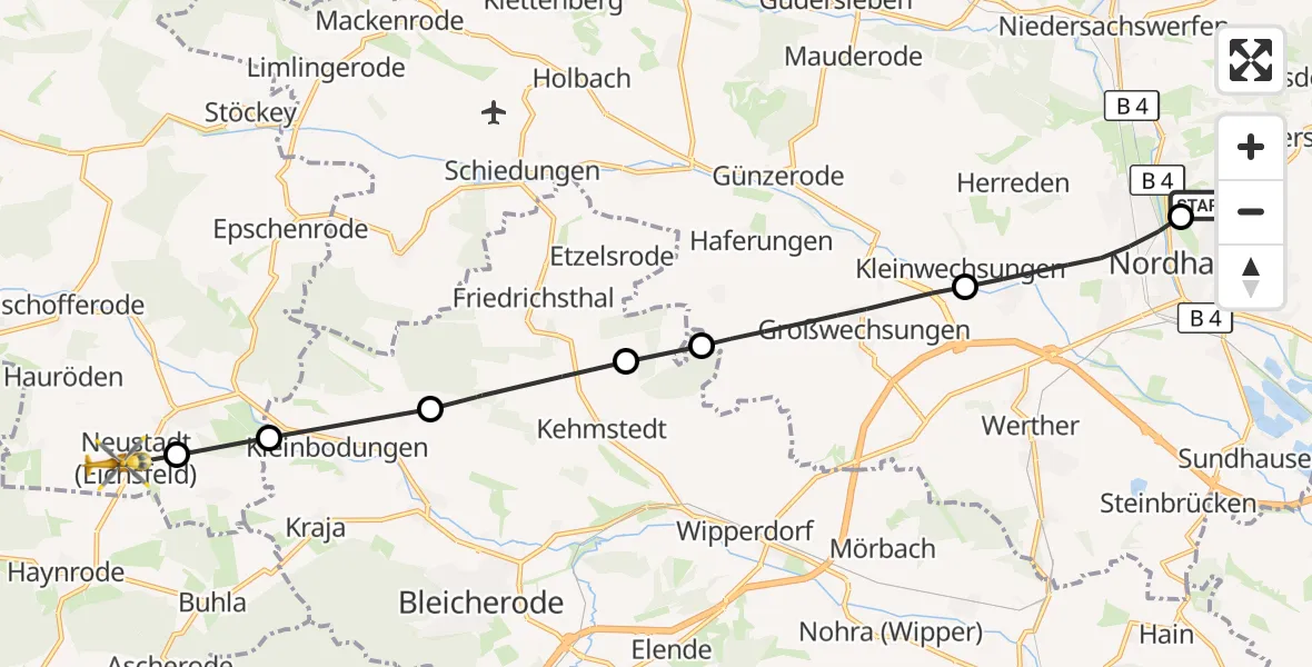 Flugroute Rettungshubschrauber Südharz Hospital Nordhausen - Am Ohmberg, 29 August 2026, 10:39