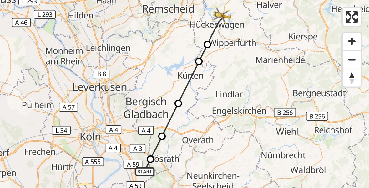 Flugroute Ambulanzhubschrauber Köln Bonn Flughafen - Hückeswagen, 29 August 2026, 10:53