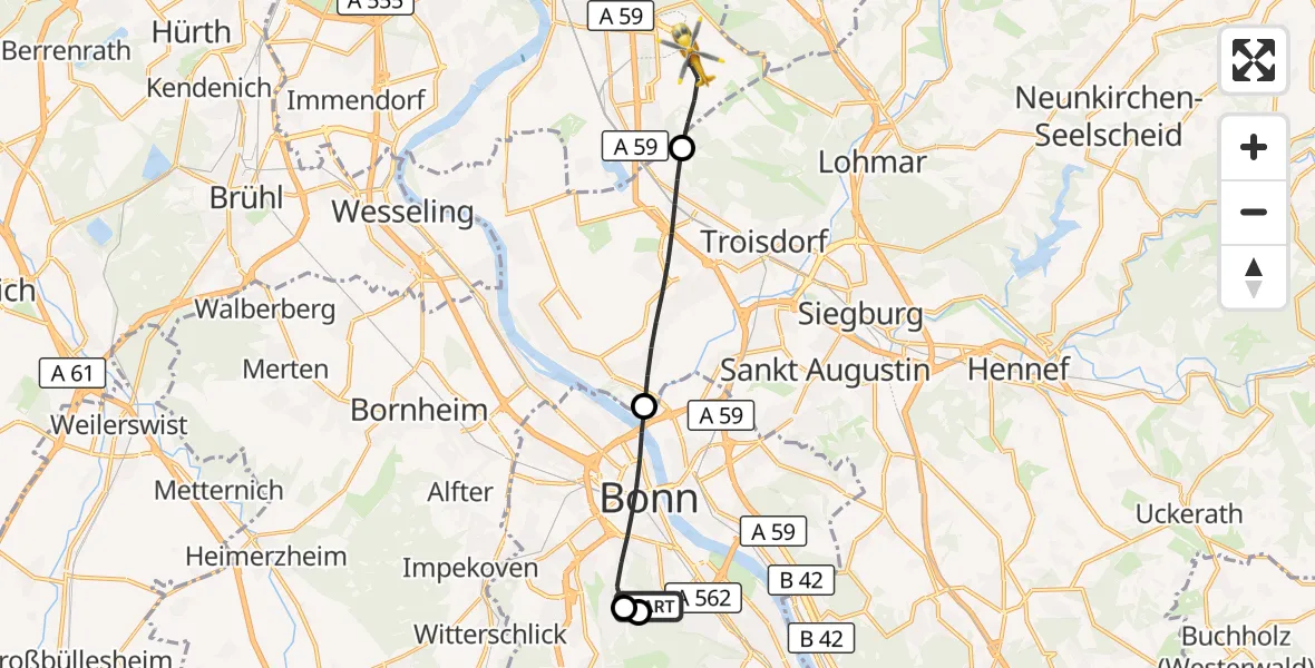 Flugroute Rettungshubschrauber Bonn University Hospital - Köln Bonn Flughafen, 29 August 2026, 10:56