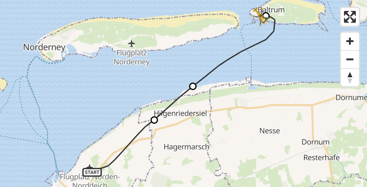 Flugroute Ambulanzhubschrauber Norden - Baltrum Flughafen, 29 August 2026, 10:57