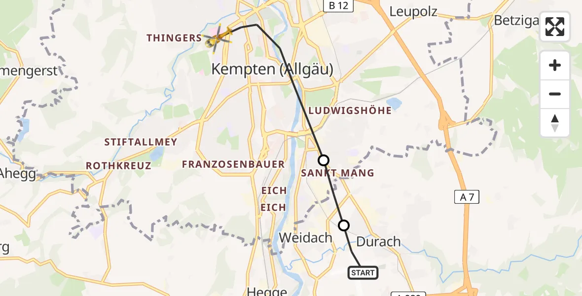 Flugroute Rettungshubschrauber Kempten-Durach Flugplatz - Kempten (Allgäu), 29 August 2026, 10:59