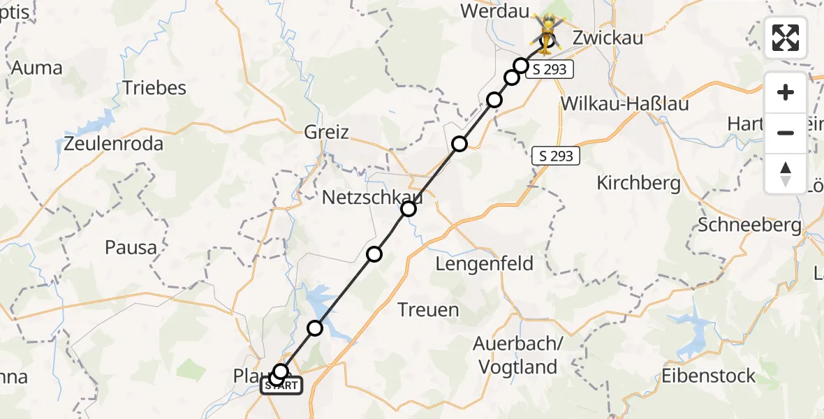 Flugroute Rettungshubschrauber Helios Clinic Plauen - ADAC Air Rescue Station Zwickau Hubschrauberlandeplatz, 29 August 2026, 11:01