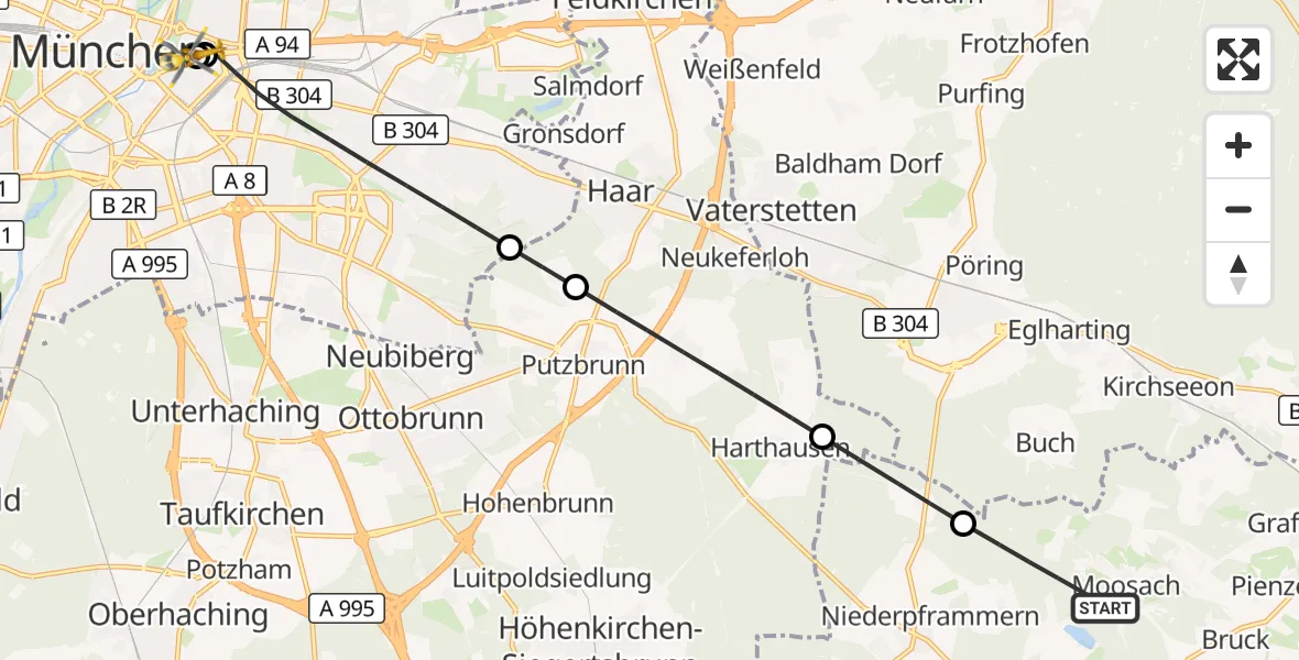 Flugroute Rettungshubschrauber Moosach - Rechts der Isar University Hospital, 29 August 2026, 11:02