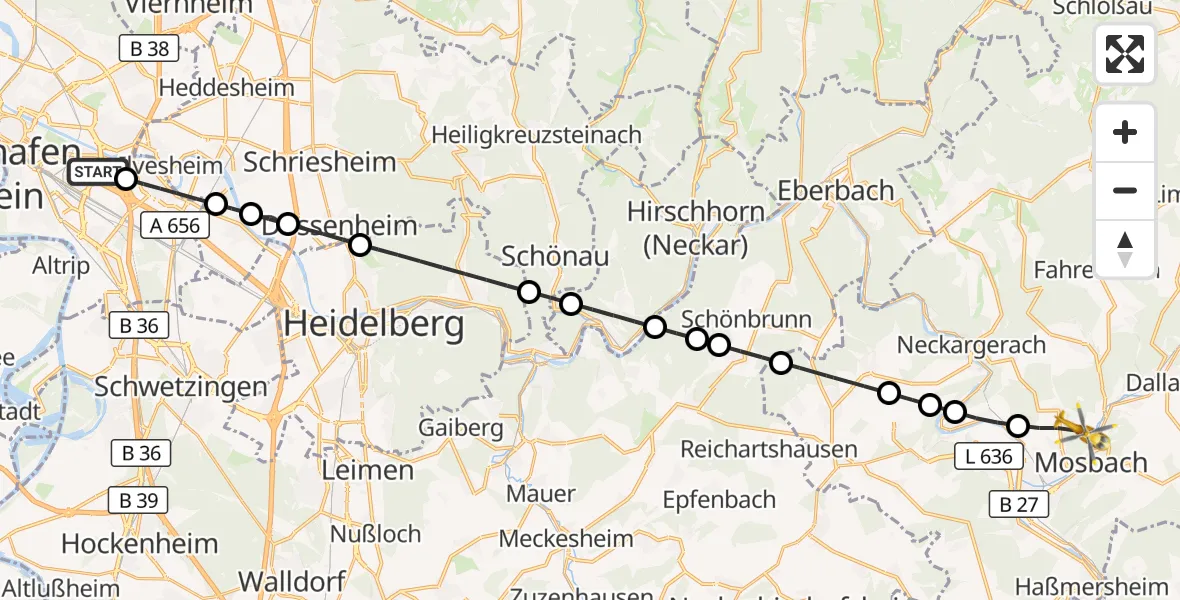 Flugroute Rettungshubschrauber Mannheim-City Flughafen - Mosbach, 29 August 2026, 11:02
